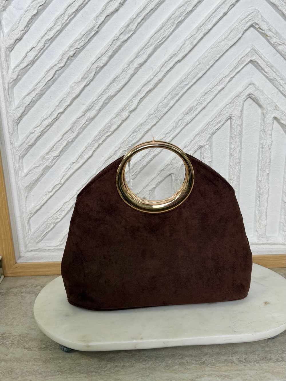 Haute Hippie Chocolate Brown Suede Clutch with Gold Ring Handle - Picture 6 of 16